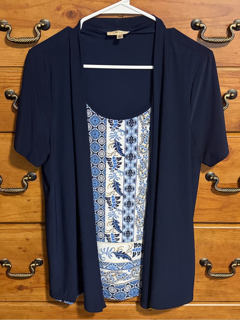 Lavish Navy Blue Layered Short-Sleeve Top with Printed Front Panel
